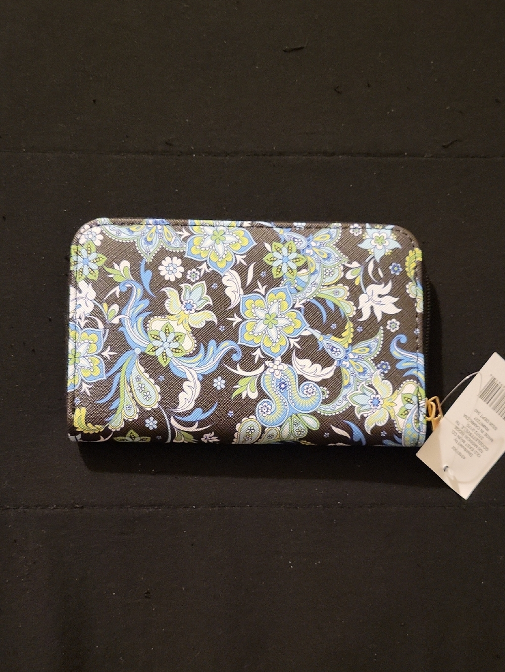 Floral Zip Wallet in Black with Blue & Lime Accents